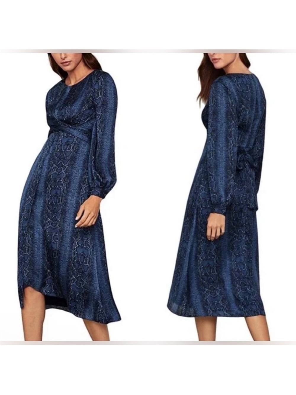BCBGMaxAzria Navy Blue & Black Long Sleeve Snakeskin Print Midi Dress